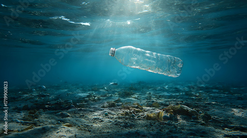 Underwater plastic bottle floating clear water, highlighting pollution and environmental issues