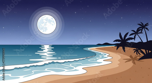A serene beach scene at night with a full moon illuminating the sky and reflecting on the gentle waves, palm tree silhouette, and sandy shore