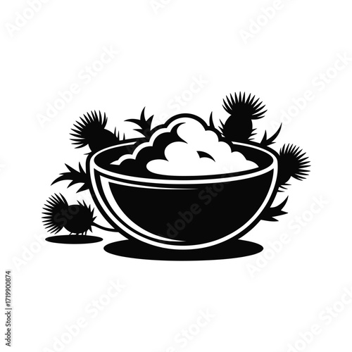 Black and white illustration of a bowl of creamy food surrounded by thistles