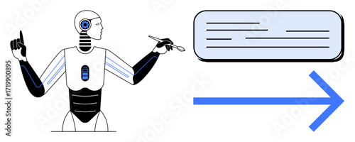 Humanoid robot using stylus for content creation alongside arrow symbolizing direction. Ideal for automation, AI progress, innovation, future technology, digital education, design, simple flat