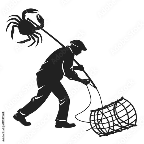 Fisherman pulling crab trap silhouette