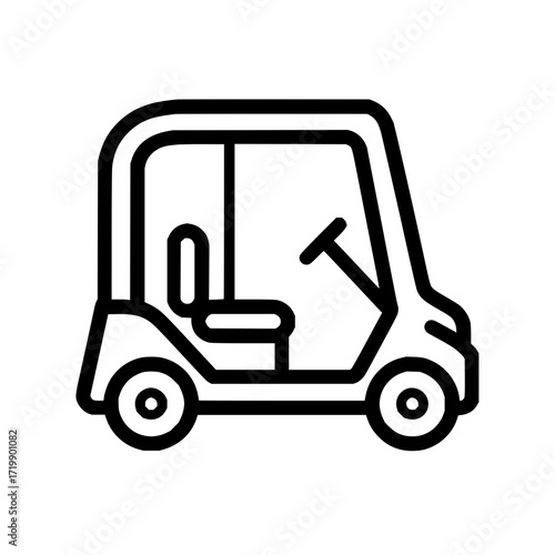 Illustration of a golf cart with enclosed cabin and steering wheel in black outline style vehicle icon