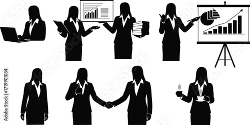 Businesswoman silhouette, teamwork, presentation, leadership, office work, professional women, career, meeting, handshake, collaboration, success, strategy,