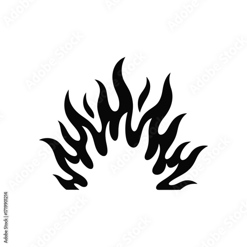 Stylized black silhouette of flames arcing upward against a white background