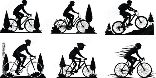 Cyclist silhouette illustration, outdoor biking, nature ride, mountain terrain, road bike, black figure, active lifestyle, scenic background, vector design