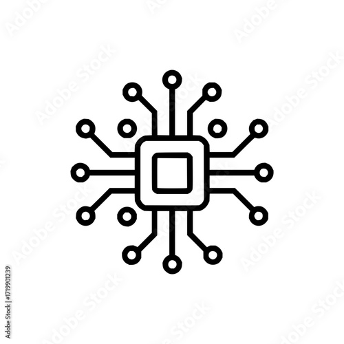Illustration of a black and white computer chip with circular nodes connected by lines in a simple style