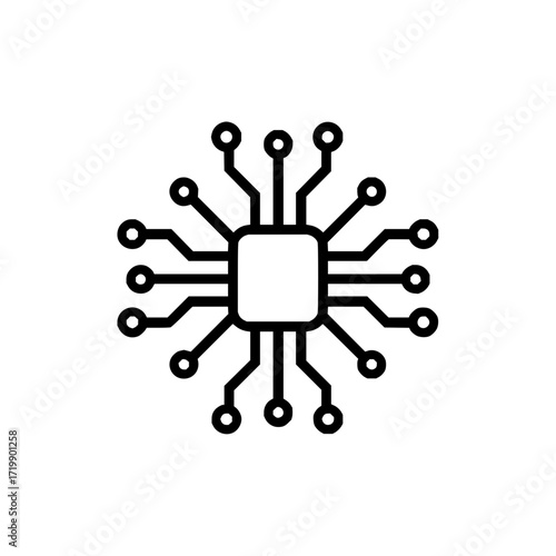 Illustration of a black and white computer chip with multiple connections and a square center design element