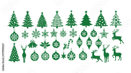 Christmas templates designed for cutting machines and paper crafts. A collection of vector icons. Isolated silhouettes of Christmas motifs in the shape of a cutter knife.
