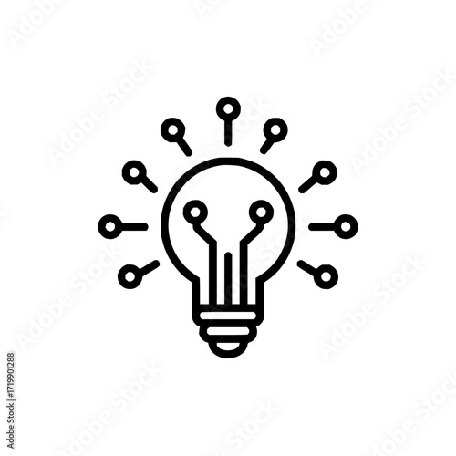 Illustration of a lightbulb with internal circuitry and radiating nodes representing innovation and technology