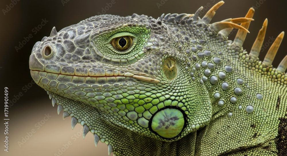 Fototapeta premium Detailed close-up of a green iguana face, highlighting its intricate skin patterns and textures