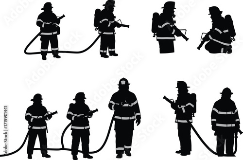Firefighter silhouette illustration, emergency response pose, protective gear, teamwork action, fire hose handling, black figure, rescue scene, vector design