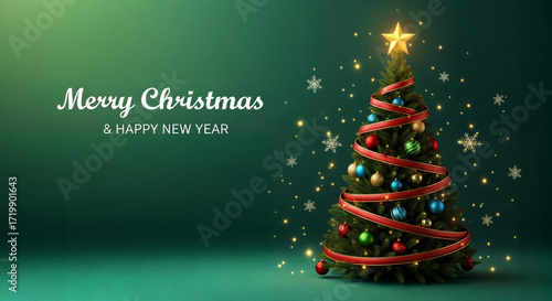 Elegant Christmas tree with red ribbon and golden star, Merry Christmas & Happy New Year greeting card on green background