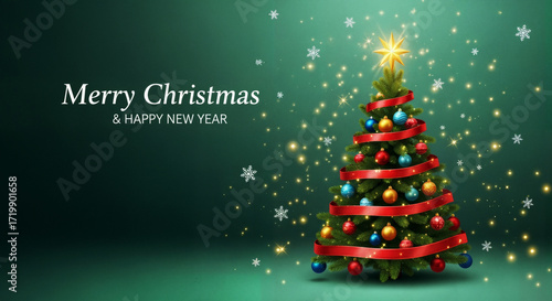 Festive Christmas tree with colorful ornaments, glowing star and sparkling lights, Merry Christmas & Happy New Year card design