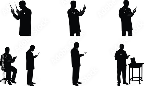 Medical professional silhouette, doctor with syringe, clipboard task, healthcare worker, hospital staff, black figure, clinical activity, data entry, illustration