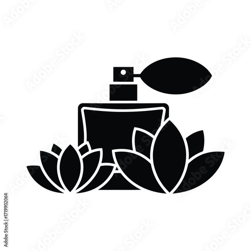 Elegant silhouette of a perfume bottle with lotus flowers representing fragrance and beauty