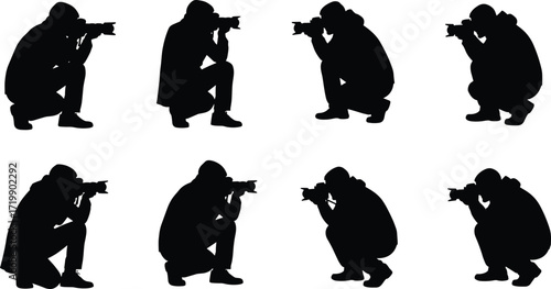 Photographer silhouette, crouching pose, camera action, street style, photo shoot, hooded figure, creative stance, urban photography, snapshot