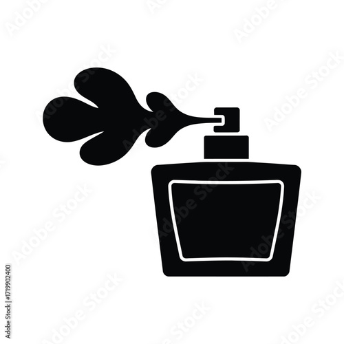 Black silhouette of a perfume bottle spraying mist or fragrance against a white background