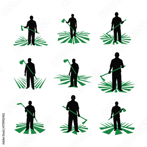 Vector art of nine silhouettes of farmers holding hoes in agricultural field