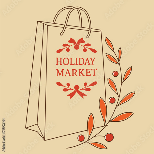 An illustration representing a Holiday Market as a shopping bag, Adobe Illustrator Artwork