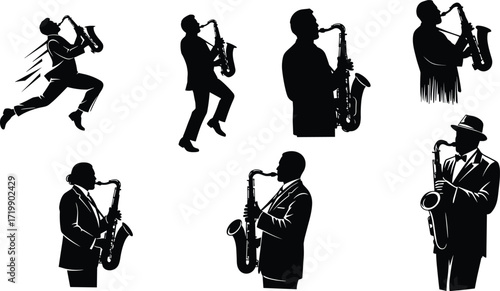 Saxophone player silhouette, musical performance, jazz pose, dynamic movement, black figure, stage energy, music expression, concert vibe, vector illustration