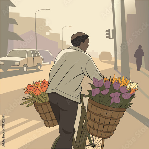 An urban flower seller with baskets on the bicycle are carrying flowers Adobe Illustrator Artwork