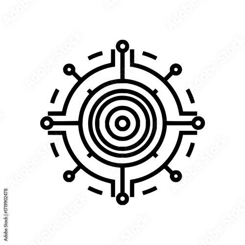 Circular target with connecting lines and nodes radiating outward in a black and white design style