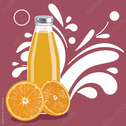  A bottle of orange juice alongside two halves of an orange with a creative vector background, Adobe Illustrator Artwork