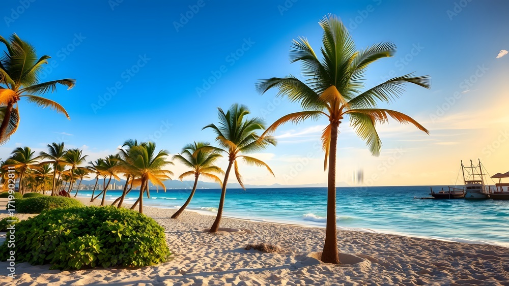 Fototapeta premium Serene Tropical Beach with Palm Trees and Ocean at Sunset