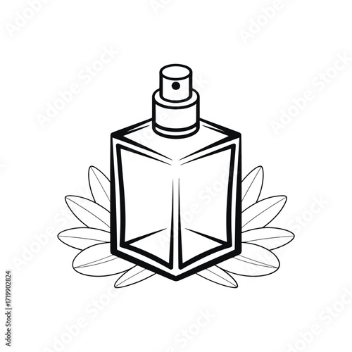 Elegant square glass perfume bottle with delicate floral petals illustration