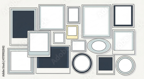 A collection of assorted picture frames, creating a visually appealing gallery wall arrangement with varying shapes, sizes, and styles