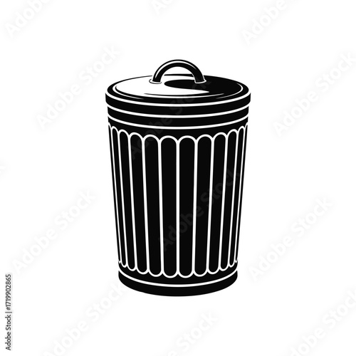 Classic black and white illustration of a vintage trash can with lid and handle