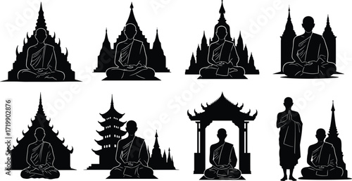 Silhouette of Buddhist monks meditating, praying, and walking with temple backgrounds, spiritual Asia concept, religion, peace, meditation, Buddhism