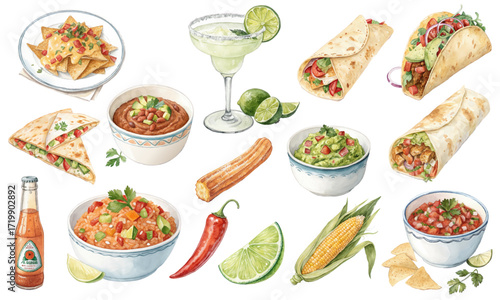 Watercolor Vector Set of Mexican Food and Drinks