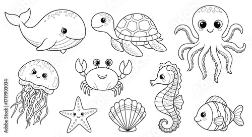 Delightful sea creatures ready to color for kids' crafts and educational activities or charming ocean themed designs for children's books and party invitations