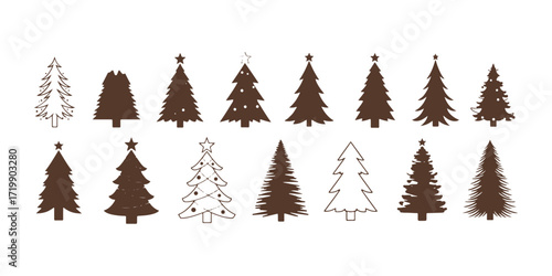 Set of Christmas tree icons. Vector depiction of pine silhouettes.