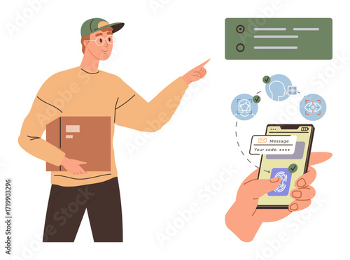 Man holding a package points at checklist as a hand holds smartphone with verification code. Ideal for cybersecurity, delivery, authentication, online safety, technology, logistics, password