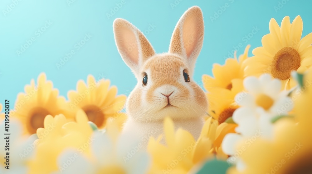 Fototapeta premium A cute rabbit surrounded by vibrant yellow sunflowers against a soft blue background, perfect for spring or Easter-themed designs, nature illustrations, or children's products,