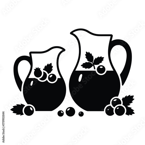Two stylized pitchers filled with dark berry juice and garnished with fresh berries and leaves