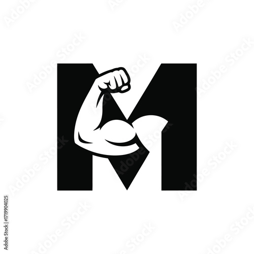 Strong bicep flexing inside a bold black letter m logo symbol