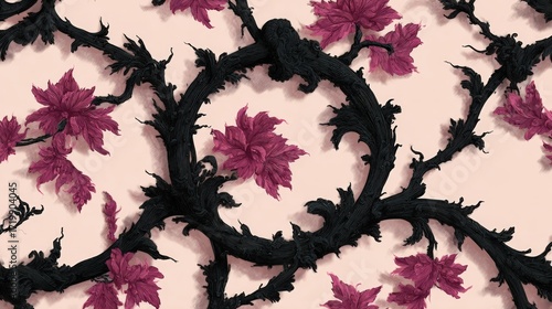 Abstract floral design featuring dark branches and vibrant maroon leaves on a light background