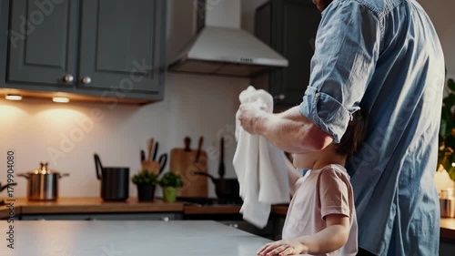 Man and child in the kitchen. A man is cleaning a kitchen with a child. Helpers working together to help their parents at home. An adult and a kid are in the kitchen lifestyle.