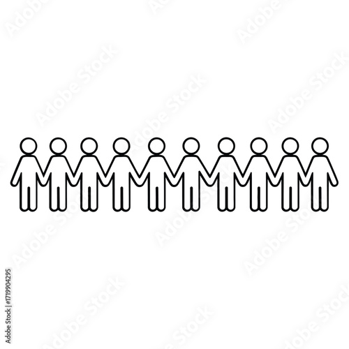 Simple outline illustration of diverse group of people holding hands in unity and connection