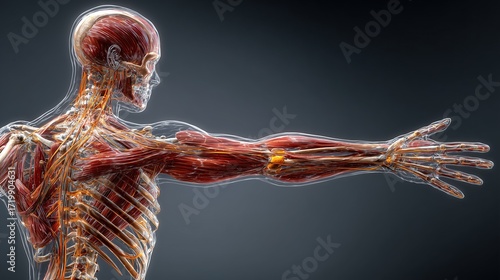 National Physical Therapy Month. Scientific medical illustration of human musculoskeletal system performing physical therapy stretching exercises, anatomical accuracy, realistic 3D rendering