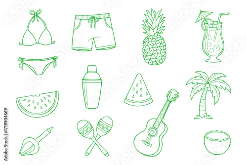 swimwear, beach, tropical, cocktail, pineapple, guitar, palm tree, watermelon, coconut, summer, vacation, tropical, beach party