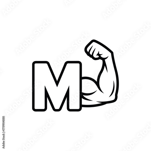 Bold letter m combined with a strong flexing bicep arm symbol for fitness and strength