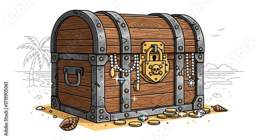 Treasure chest filled with gold coins, pearls, and jewels on a sandy beach with a palm tree in the background