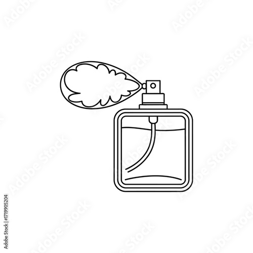 Simple line art illustration of a square perfume bottle spraying a cloud of fragrance
