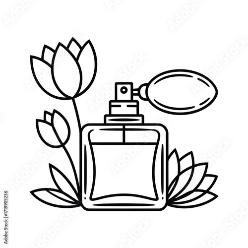 Elegant outline illustration of a vintage perfume bottle with blooming flowers and leaves