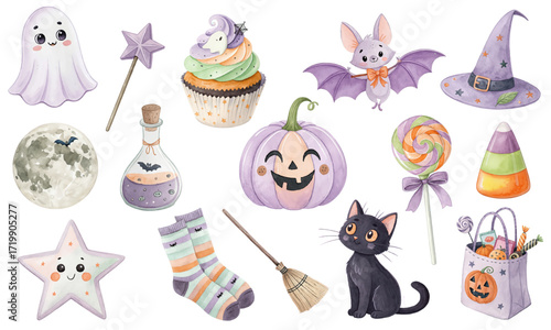 Pastel Halloween Watercolor Clipart Set with Cute Ghost Bat Cat Pumpkin Sweets