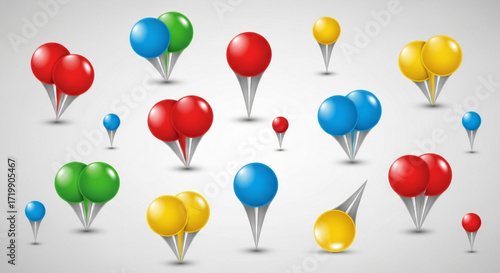 A collection of colorful push pins, perfect for marking locations, highlighting important information, or adding a playful touch to your designs